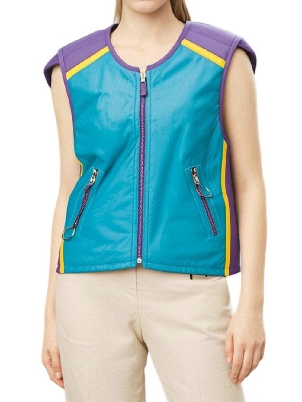Teal Colorblock Zip-Front Vest with Purple & Yellow Trim